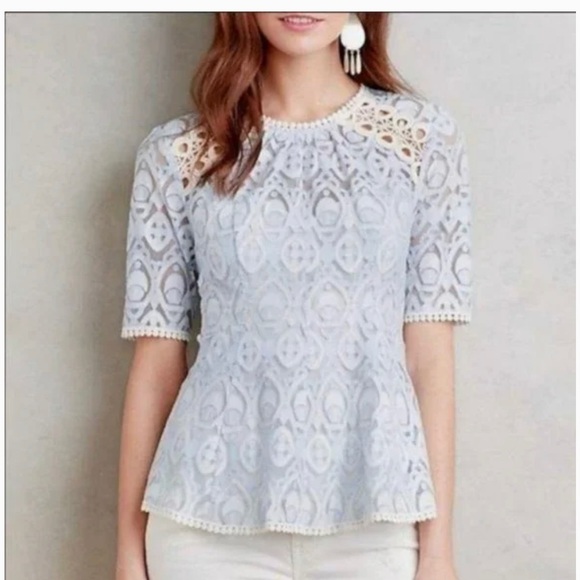 Anthropologie HD in Paris Womens Signa Blue Lace Peplum Top Cut Out - Picture 3 of 4